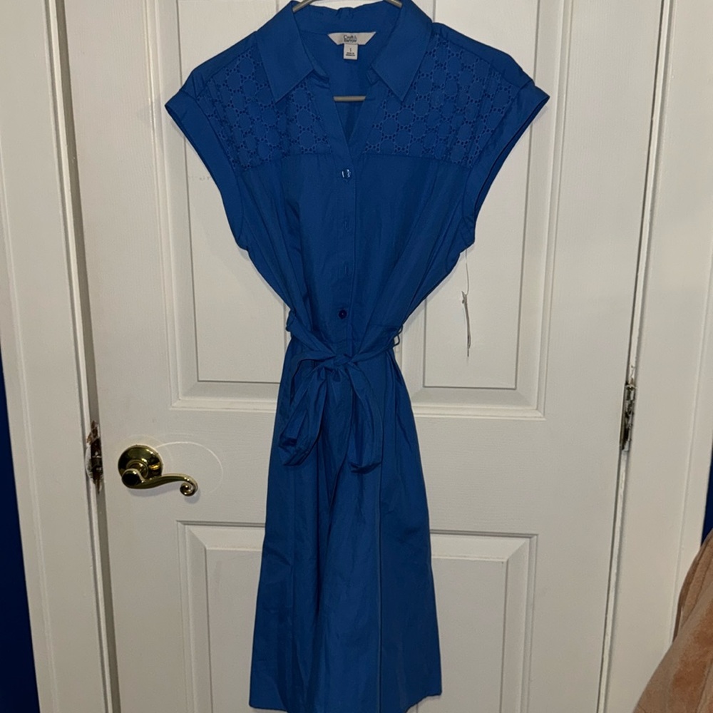Croft & Barrow Women Large Blue Short Sleeve Tie Waist Midi A-Line Dress NWT